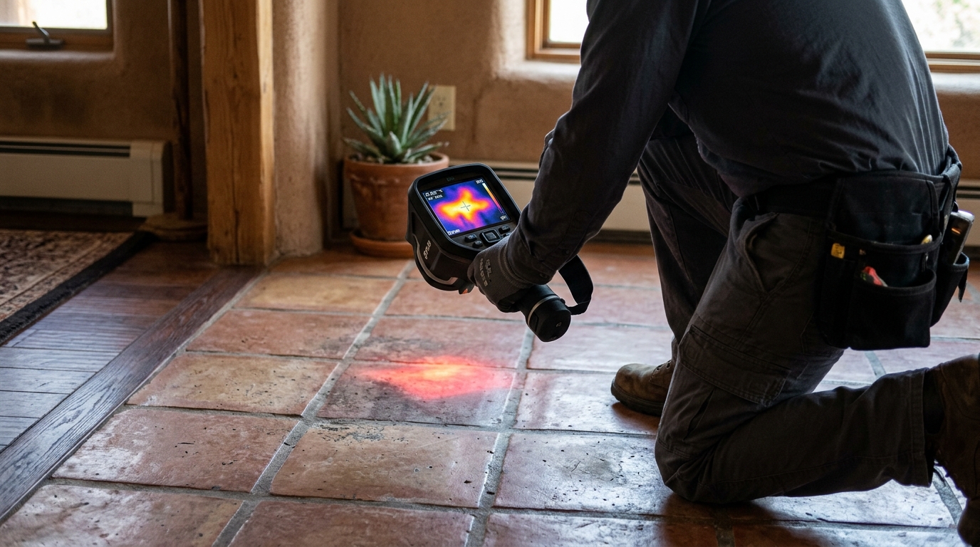 Thermal imaging scan revealing hot water slab leak underneath flooring in Westminster CA
