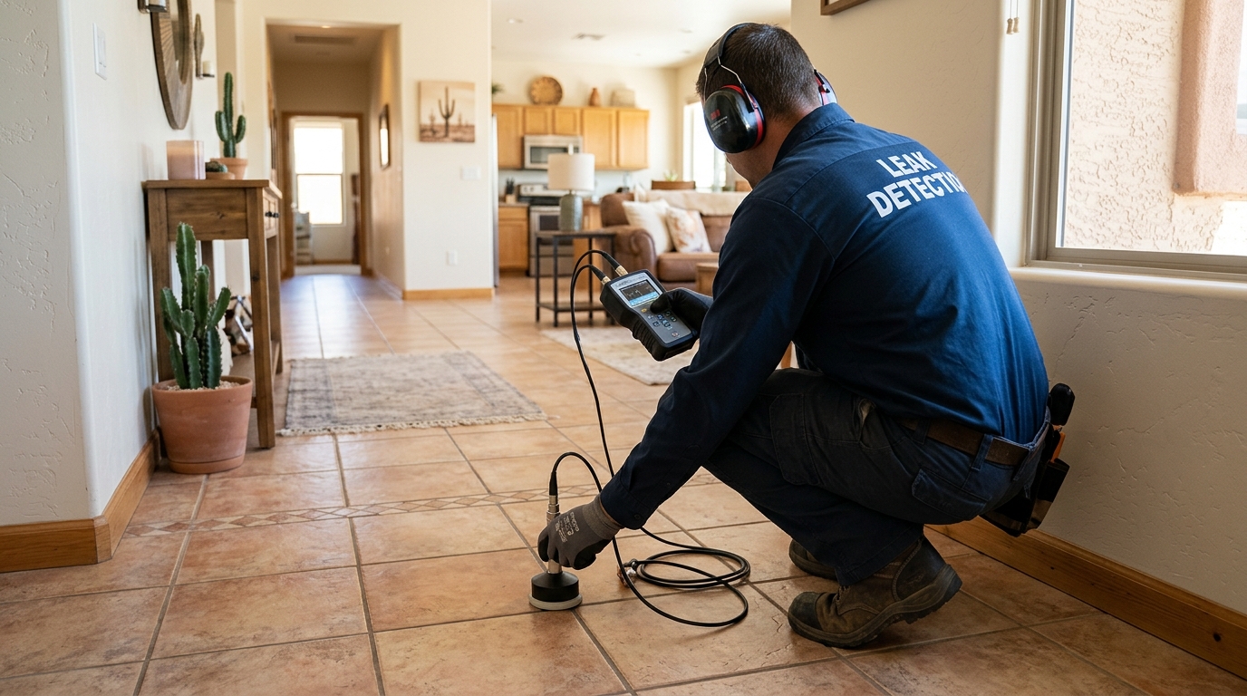 Electronic slab leak detection equipment placed on residential flooring in Westminster CA
